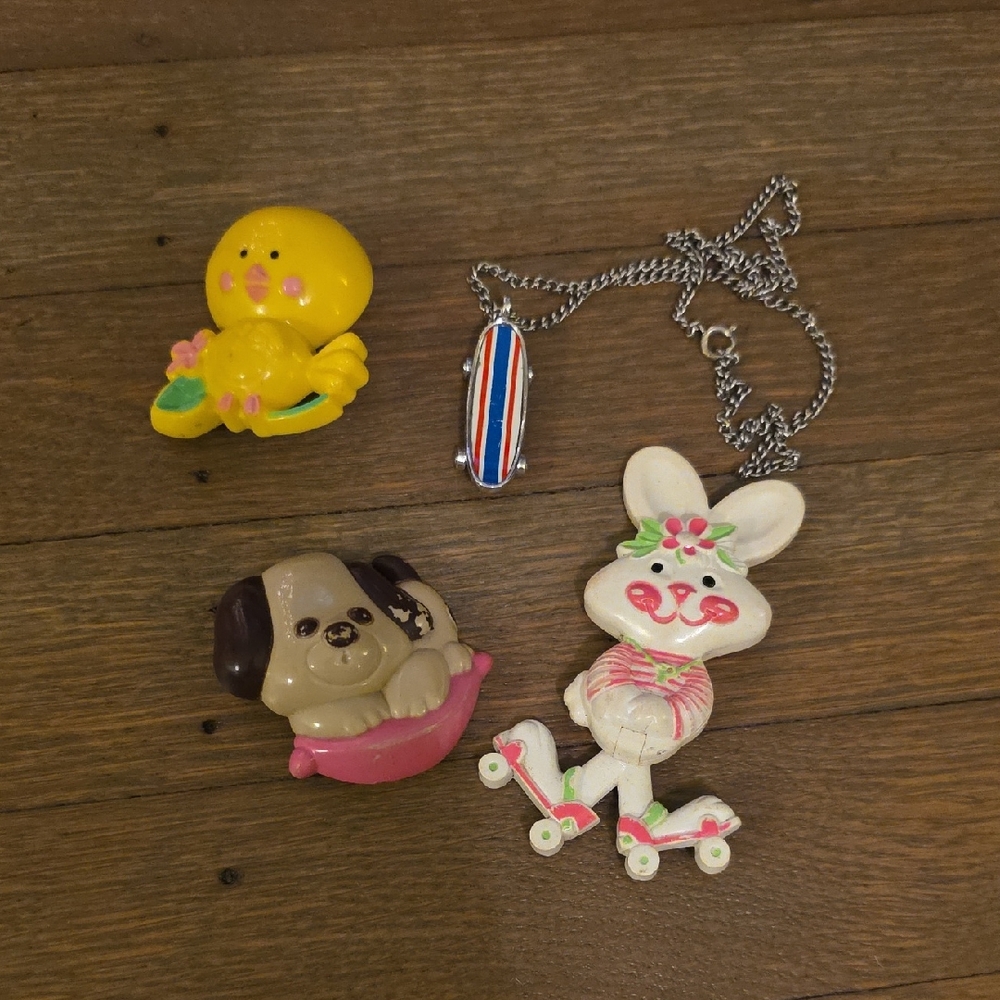Avon Vintage Pins: Chick, Brown Dog, Rollerskating Bunny & Skateboard Pendant